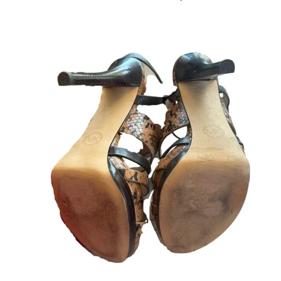 Michael Kors Nadja Platform Open Toe Heels Snakeskin Animal Print Embossed 6 - Picture 9 of 11